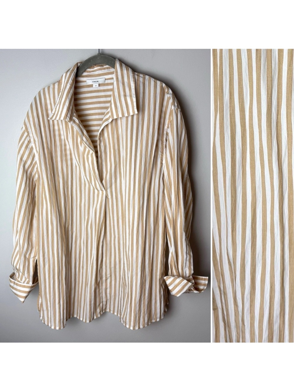 Vince. Popover Blouse Size Large Tunic Top 3/4 Sleeves V-Neck Tan White Stripes